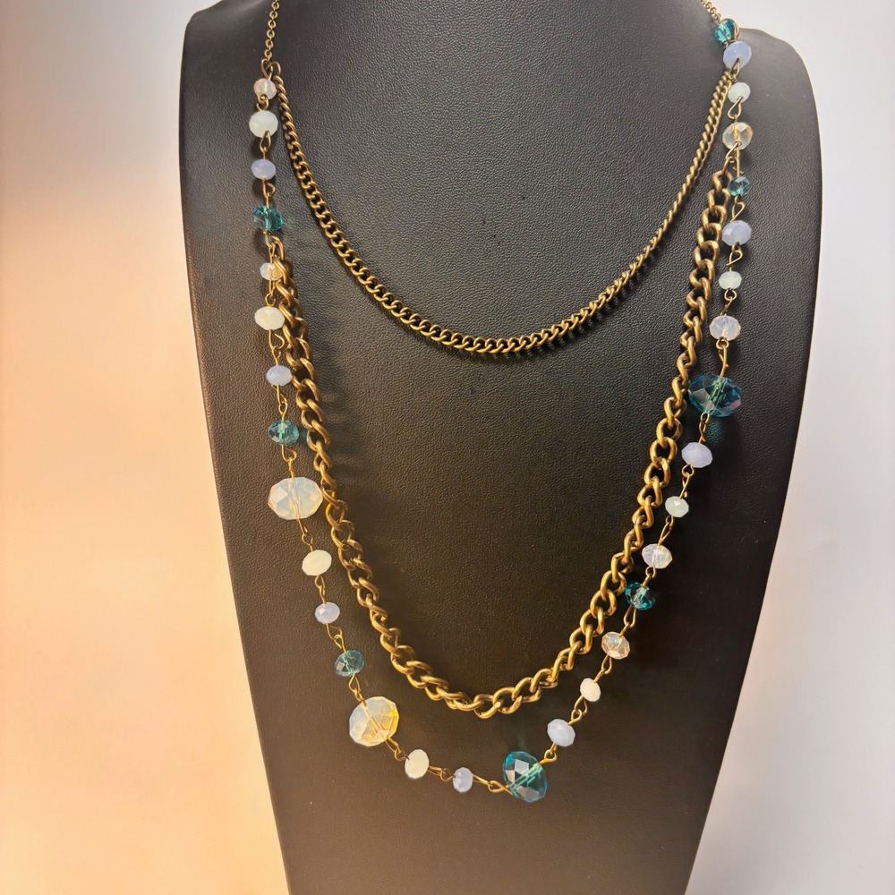 Layered Glass Bead Necklace Teal White Antique Brass Boho‎ Whimsygoth Statement
